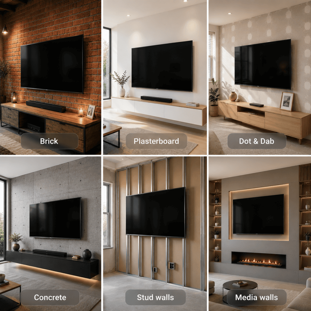 Image showing TV unit mounted in different kind of walls